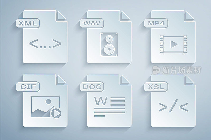 设置DOC文件文档，MP4, GIF, XSL, WAV和XML图标。向量